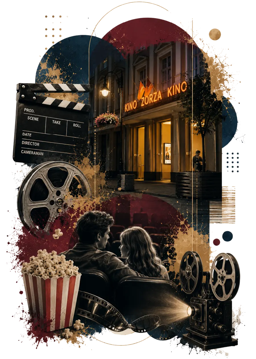 kino-zorza-rzeszow-wydarzenia-kulturalne-kino-rzesiedzieje-platforma-informacyjna-optimized Kolaż filmowy przedstawiający Kino Zorza w Rzeszowie, projektor kinowy, taśmę filmową oraz parę oglądającą film podczas wydarzeń kulturalnych w Rzeszowie.