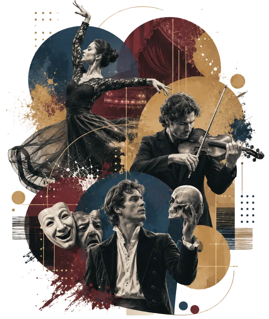 rze-sie-dzieje-kultura-rzeszow-teatr-muzyka-sztuka-platforma-informacyjna-optimized Artystyczny kolaż promujący kulturę w Rzeszowie, z motywem baletu, teatru, muzyki, skrzypiec, masek teatralnych i aktora ze sceny.