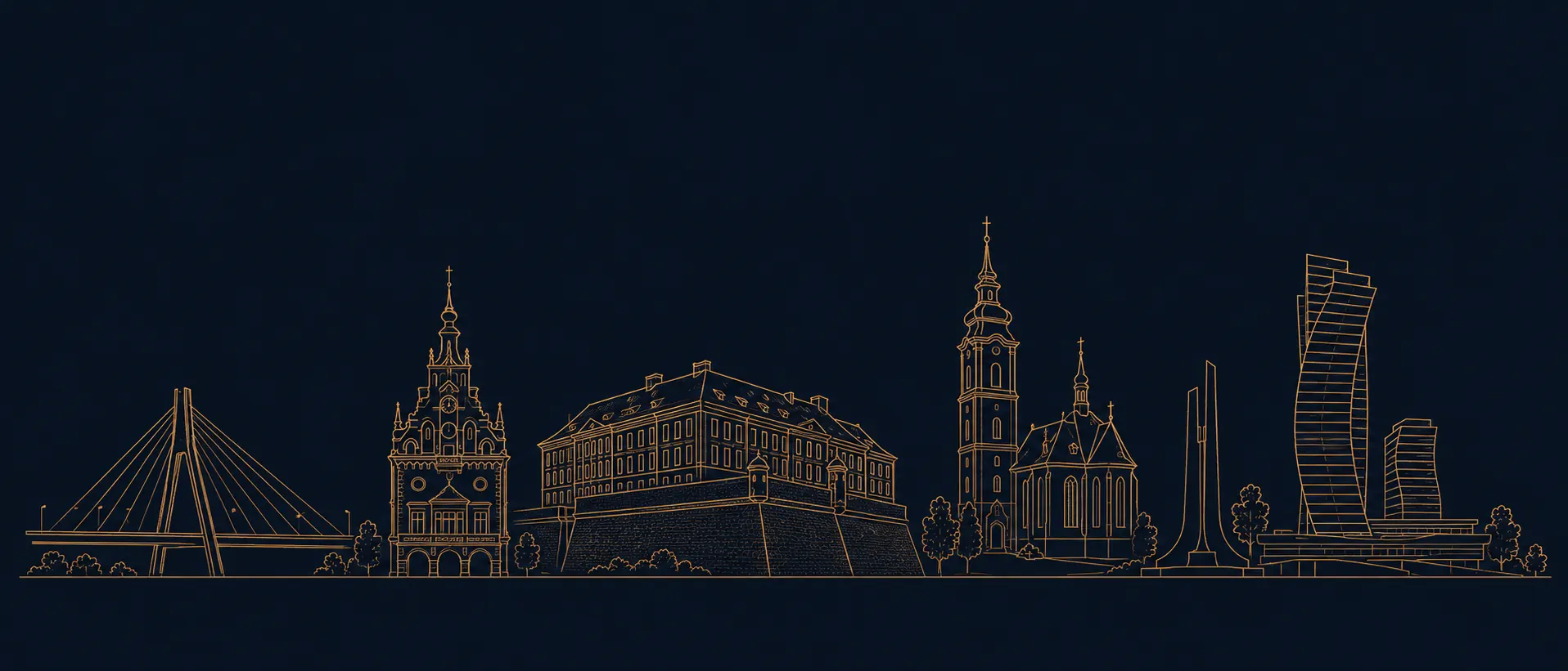 Złota liniowa panorama Rzeszowa na ciemnym tle z symbolami miasta: ratuszem, zamkiem, mostem, pomnikiem i nowoczesną architekturą.